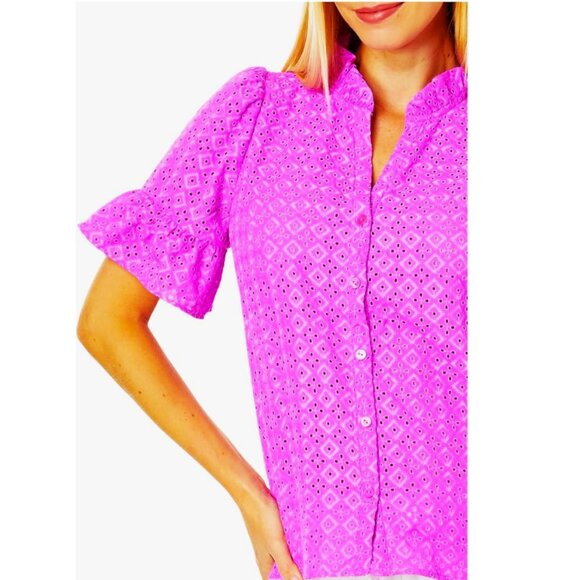 Lilly Pulitzer Calynn Eyelet Button Down Blouse Size-4 Wild Fuchsia - Picture 5 of 11